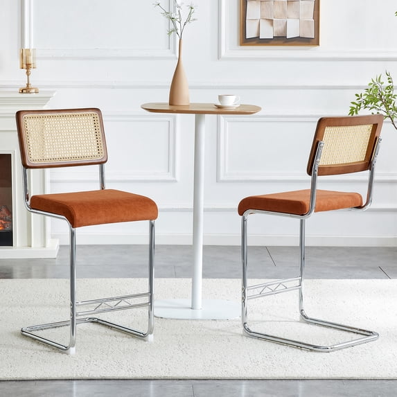 Hi loPres Set of 2 Mid-Century Modern Bar Stools, 25" Counter Height Kitchen Island Stools with Hand-Woven Rattan Back & Brown Velvet Seat, Chrome
