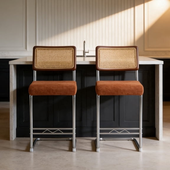 Hi loPres Set of 2 Mid-Century Modern Bar Stools, 25" Counter Height Kitchen Island Stools with Hand-Woven Rattan Back & Brown Velvet Seat, Chrome