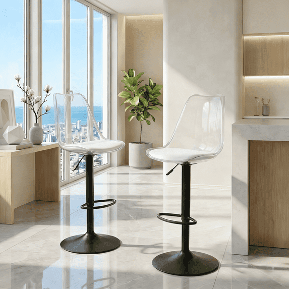 Hi loPres Set of 2 Modern Adjustable Swivel Bar Stools, Clear Backrest with Black Metal Base Counter Height Kitchen Island Chairs