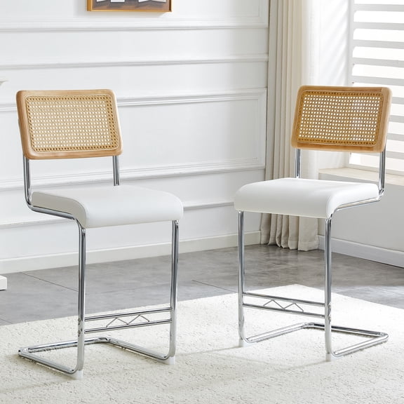 Hi loPres Set of 2 Modern Boho Bar Stools, 25" Counter Height Kitchen Island Stools with Hand-Woven Rattan Back & White PU Leather Seat, Chrome