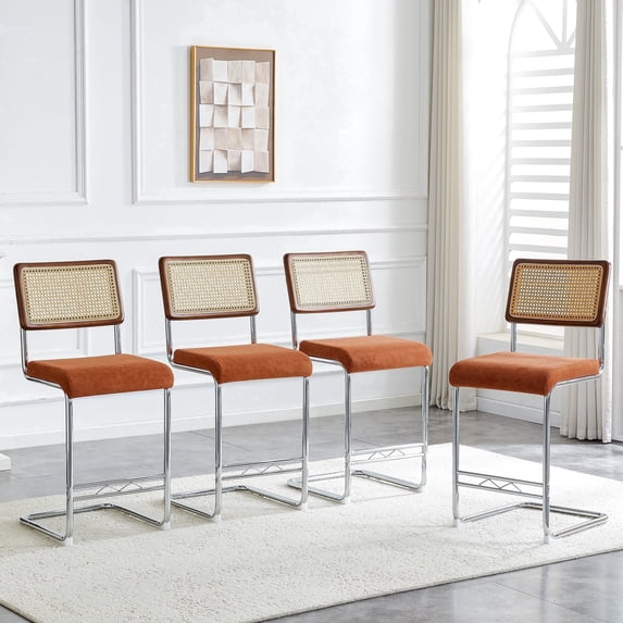 Hi loPres Set of 4 Mid-Century Modern Bar Stools, 25" Counter Height Kitchen Island Stools with Hand-Woven Rattan Back & Brown Velvet Seat, Chrome