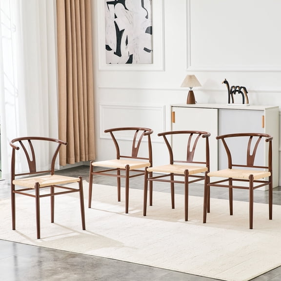 Hi loPres Set of 4 Modern Y-Shaped Dining Chairs with Woven Seat, Brown Iron Armchair in Natural Rope Pattern for Kitchen and Cafe