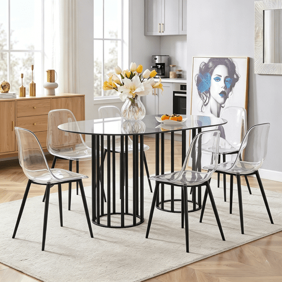 Hi loPres Set of 7 Modern 6-Person Dining Table Set, 71" Oval Tempered Glass Top with Transparent Acrylic Black Metal Legs Chairs, Kitchen Furniture