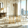 thumbnail image 1 of Hi loPres Set of 7 Modern 6-Person Dining Table Set, 71" Oval Tempered Glass Top with Transparent Acrylic Gold Metal Legs Chairs, Kitchen Furniture, 1 of 10