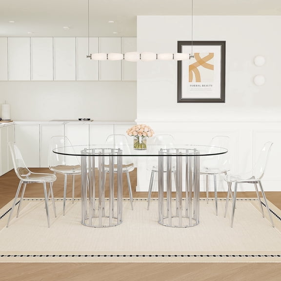 Hi loPres Set of 7 Modern 6-Person Dining Table Set, 71" Oval Tempered Glass Top with Transparent Acrylic Silver Metal Legs Chairs, Kitchen Furniture