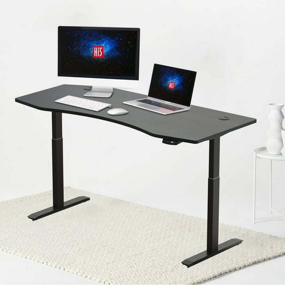 Hi5 Ez Electric Height Adjustable Standing Desk with ergonomic contoured Tabletop (59"x 31.50") and dual motor lift system for Home Office Workstation-(Black top/ Black frame)