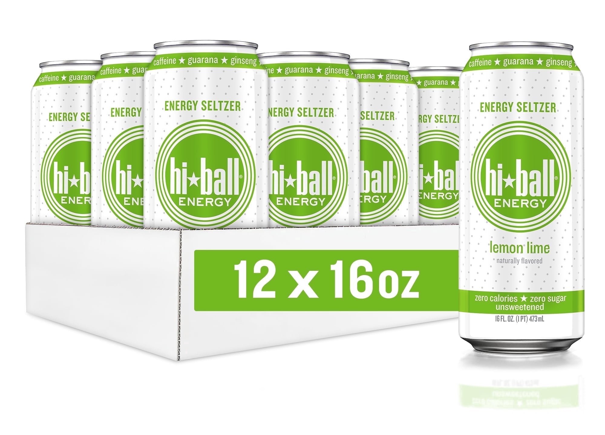 HiBall Clean Energy Drink, Zero Sugar Caffeinated Seltzer Water, Lemon Lime, 16oz USA, 12 pack