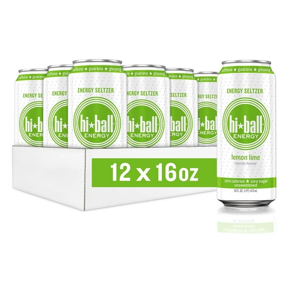HiBall Clean Energy Drink, Zero Sugar Caffeinated Seltzer Water, Lemon Lime, 16oz USA, 12 pack