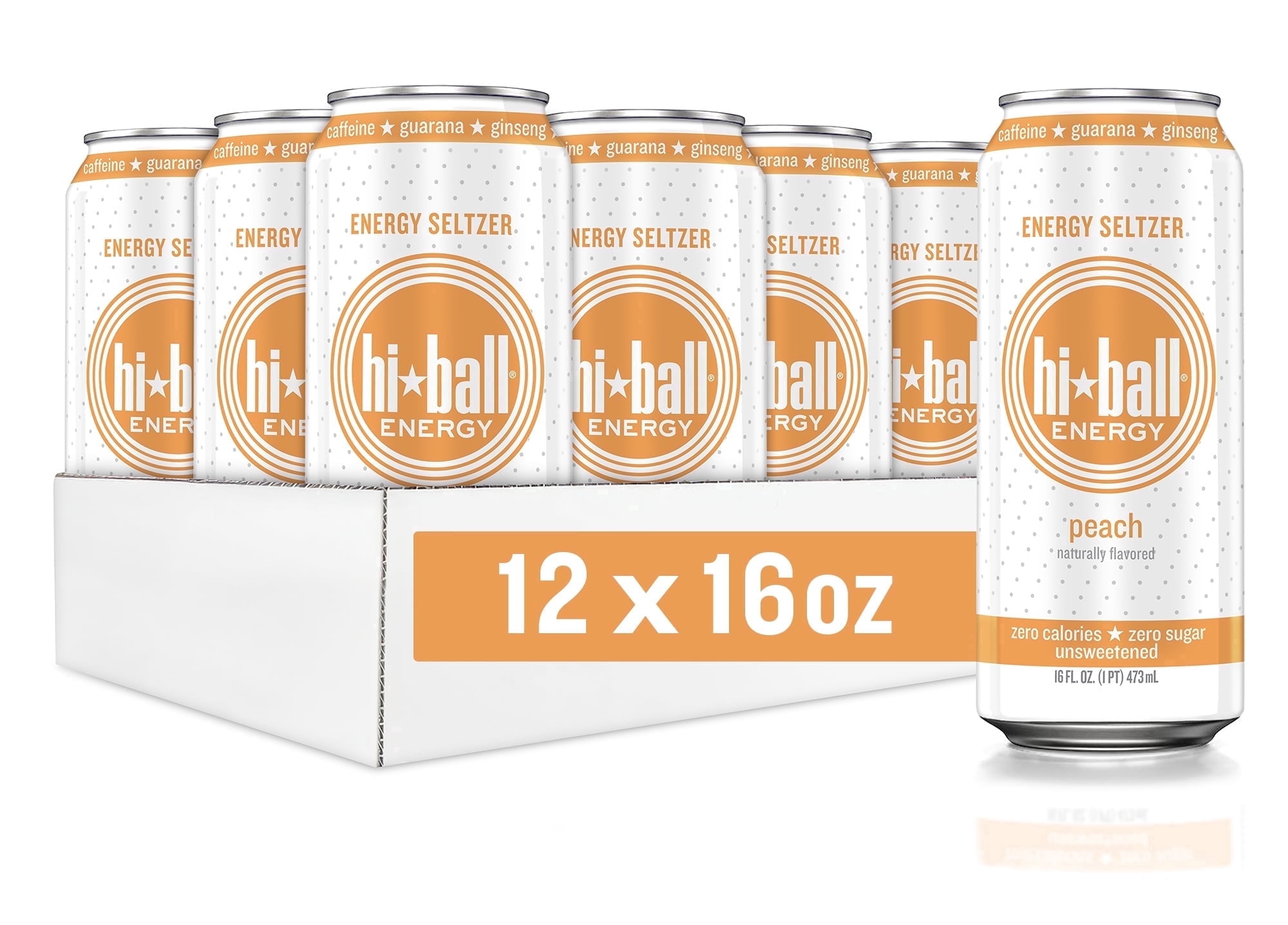 HiBall Clean Energy Drink, Zero Sugar Caffeinated Seltzer Water, Peach 16oz, USA, 12 pack