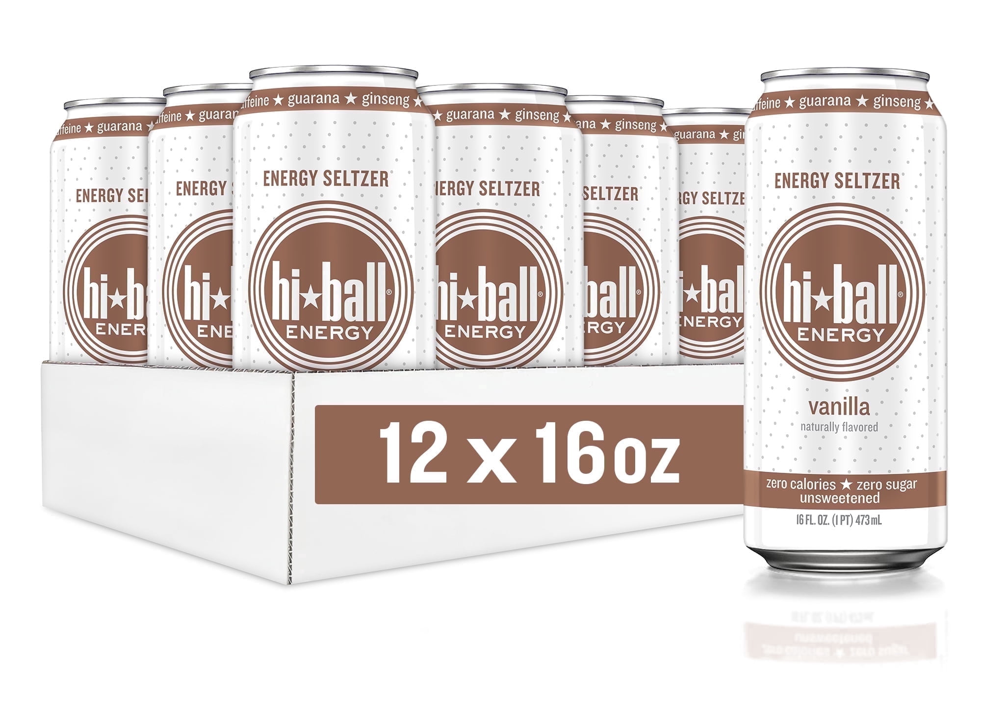 Hiball Clean Energy Drink, Zero Sugar Caffeinated Seltzer Water, Vanilla, 16 Fl Oz, 12 Pack