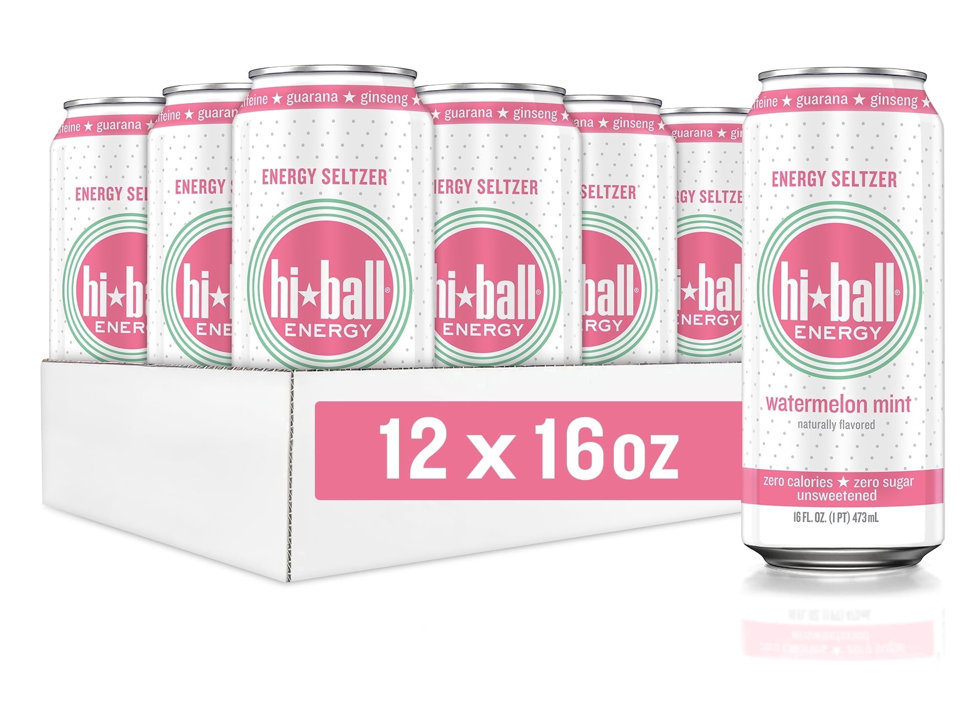 Hiball Clean Energy Drink, Zero Sugar Caffeinated Seltzer Water, Watermelon Mint, 16 Fl Oz, 12 Pack