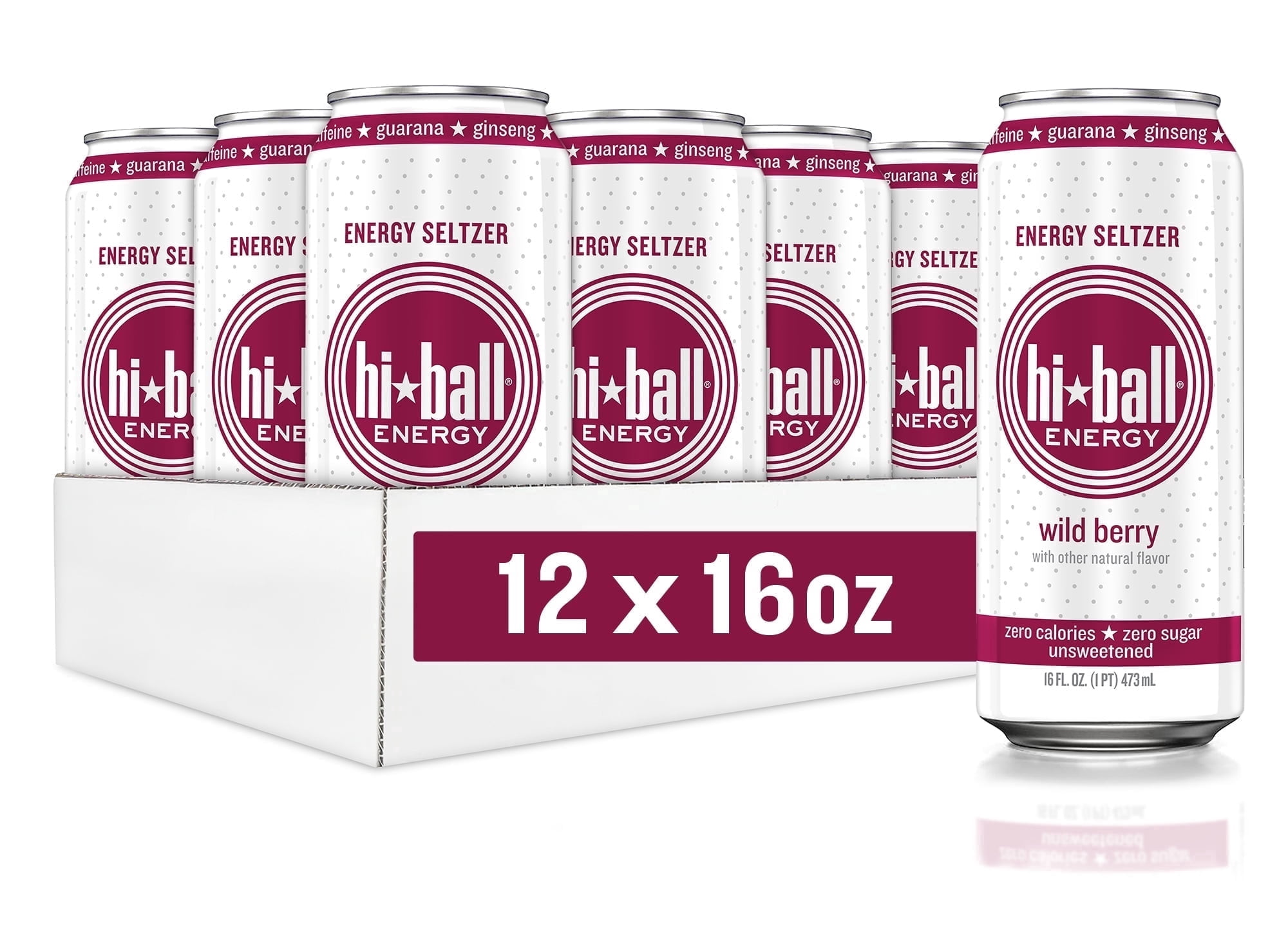 Hiball Clean Energy Drink, Zero Sugar Caffeinated Seltzer Water, Wild Berry, 16 Fl Oz, 12 Pack