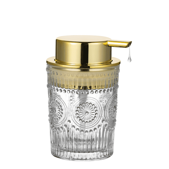 HiBidder Glass Liquid Soap Dispenser with Gold Pump, Liquid Hand Soap Dispenser for Bathroom, Kitchen, Modern Home Decor (Liquid Type/Small Clear)W004