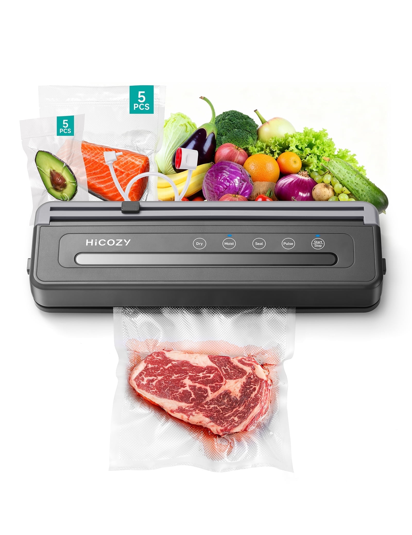 HiCOZY Vacuum Sealer Machine With 10 Vacuum Bags, Gray