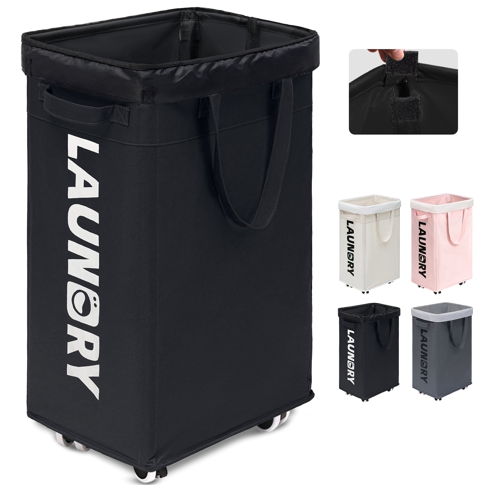 HiChen Laundry Hamper with Wheels, 75L Collapsible Rolling Laundry Basket with Removable Wash Bag, Foldable Clothes Organizer, Black