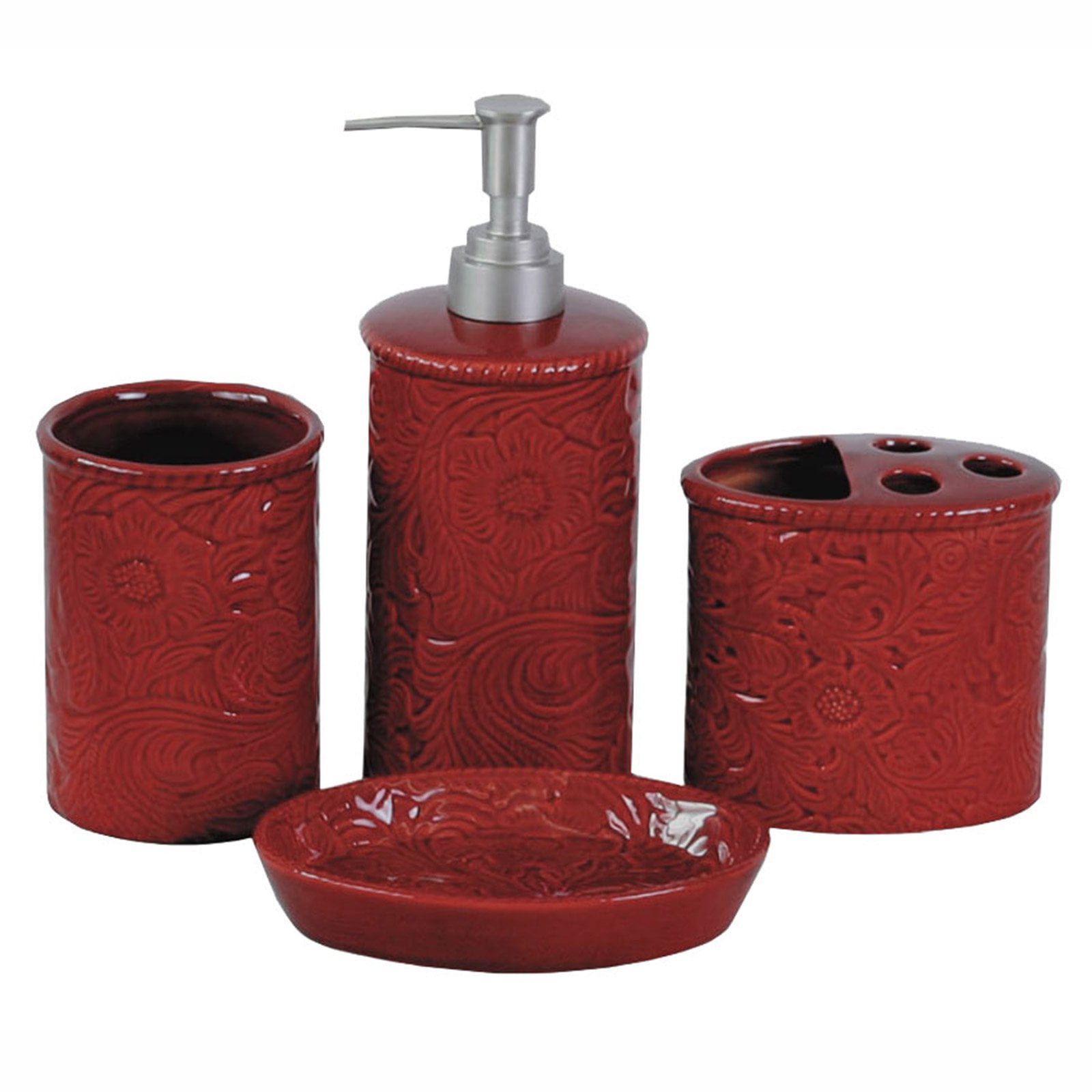 Savannah Red Ceramic Floral 4-Piece Bathroom Accessory Set