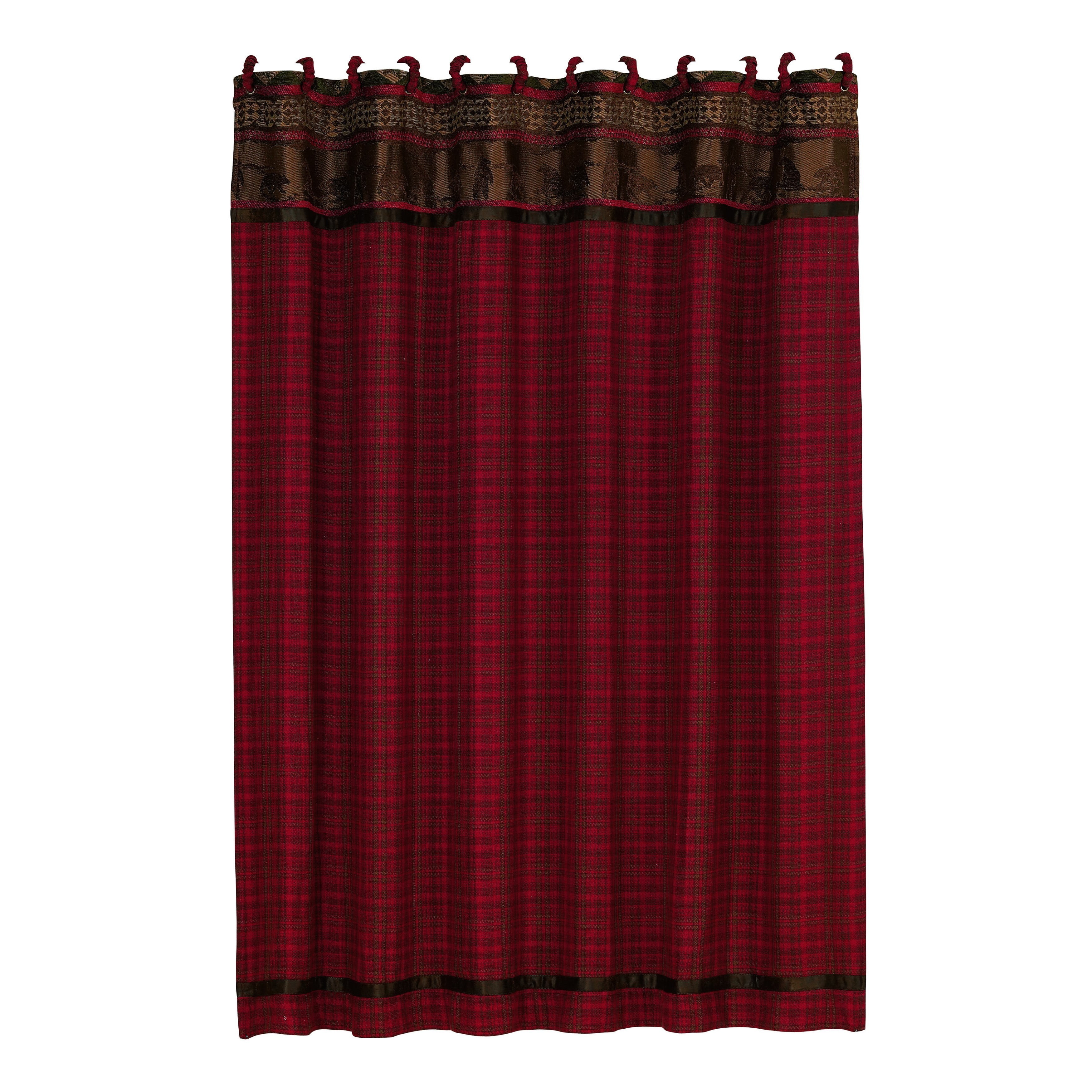 Rustic Red Plaid Cotton Blend Shower Curtain with Fabric Rings