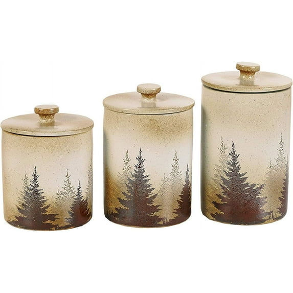 Paseo Road by HiEnd Accents , Clearwater Pines Rustic Cabin Canister Sets for Kitchen Counter, Set of 3 Kitchen Canisters for Countertop, Forest Pine Tree Themed Ceramic Food Storage Jars with Lids