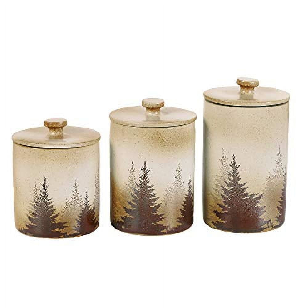 Rustic White Ceramic Forest Pine Canister Set, 3 Pieces