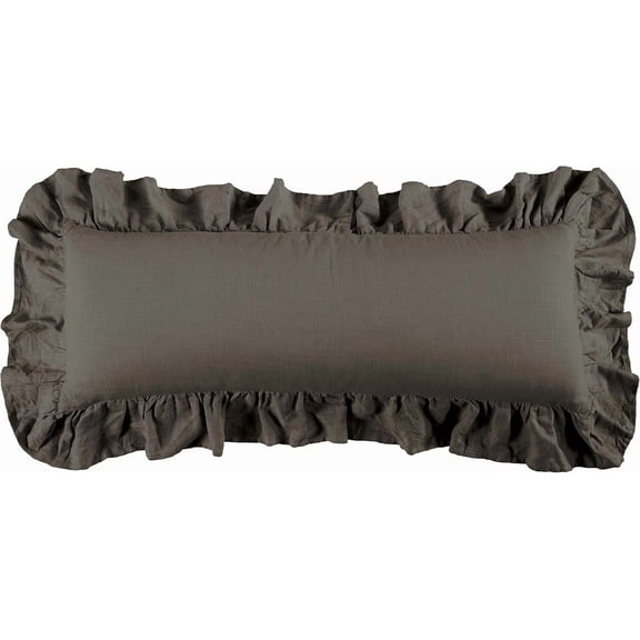 HiEnd Accents Luna Washed Linen Ruffled Lumbar Pillow, 14x36 inch, Slate Solid Color, Romantic Shabby Chic Farmhouse Traditional Style Luxury Bedding