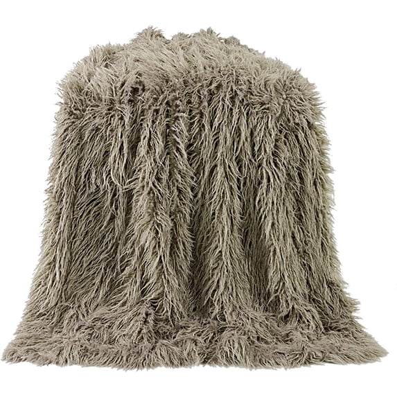 HiEnd Accents Mongolian Faux Lamb Fur Throw Blanket, Taupe 50 x 60 Taupe