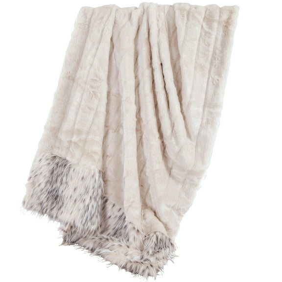 HiEnd Accents  Oversized White Faux Mink Throw with Faux Snow Leopard Fur Detail, 50x80 White