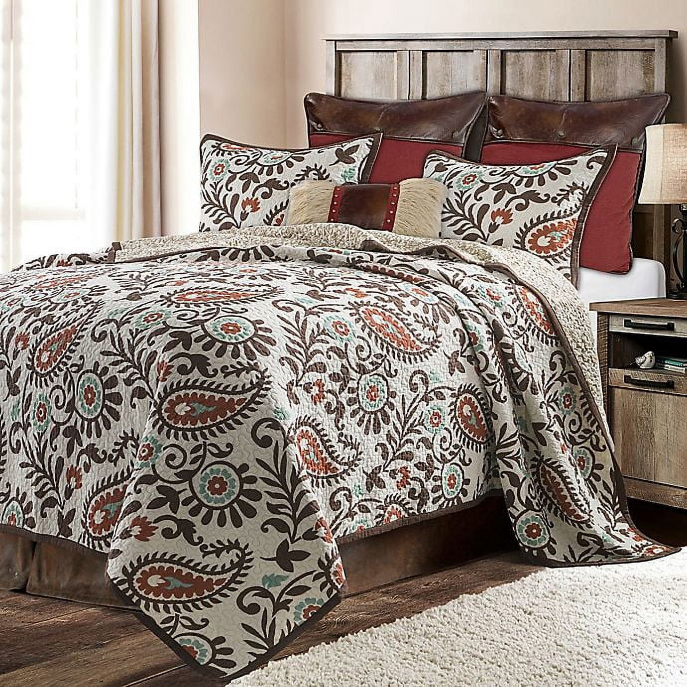 Rebecca Red and Brown Cotton King Reversible Quilt Set