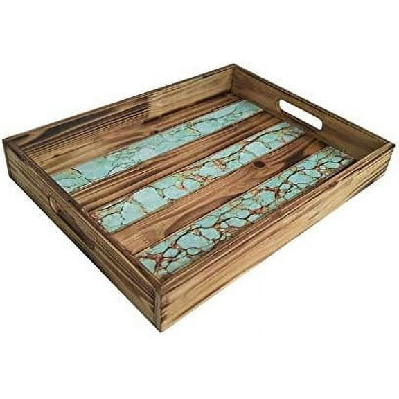 HiEnd Accents Rustic Wooden Tray w/Turquoise Inlay