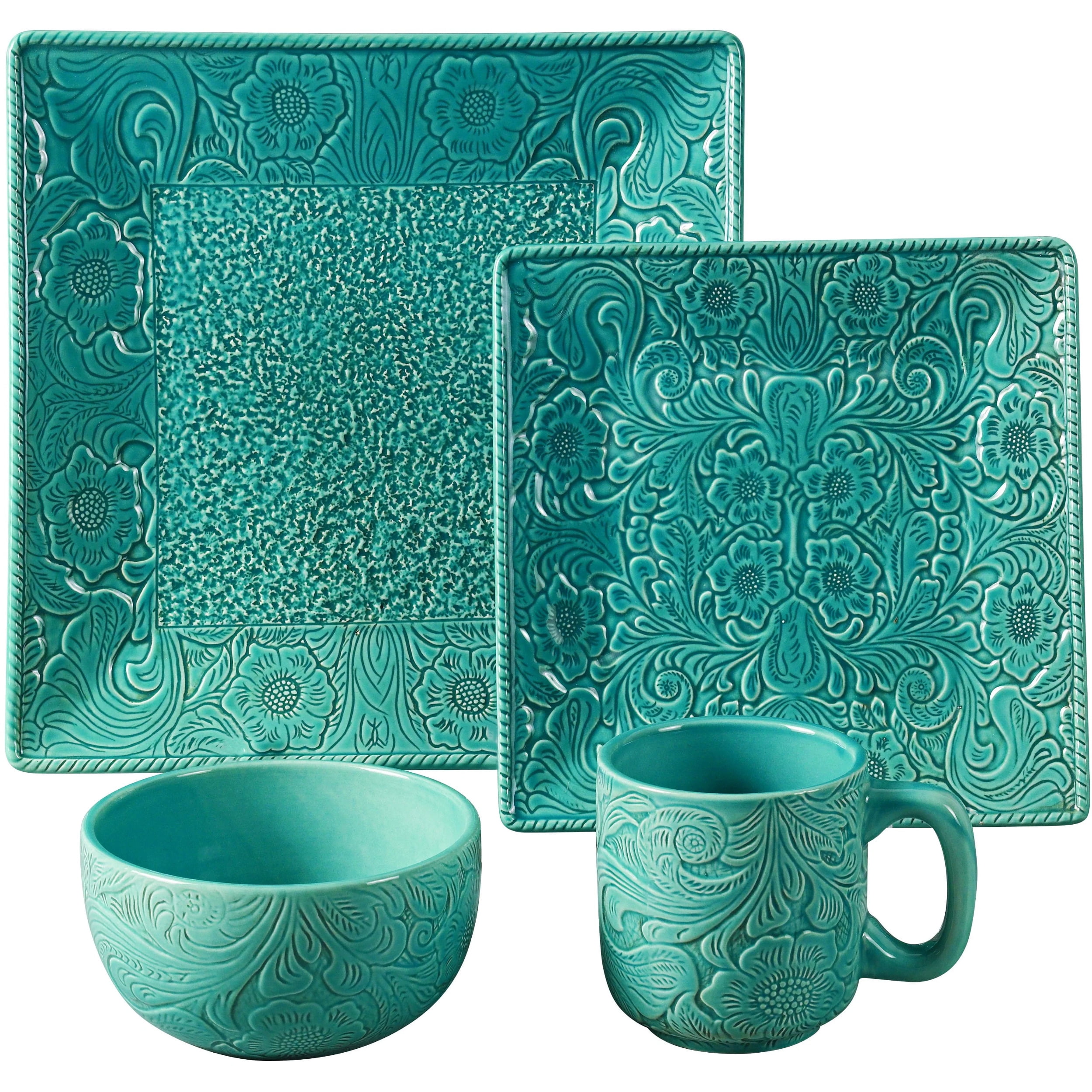 Turquoise Floral Ceramic Square Dinnerware Set, Service for 4