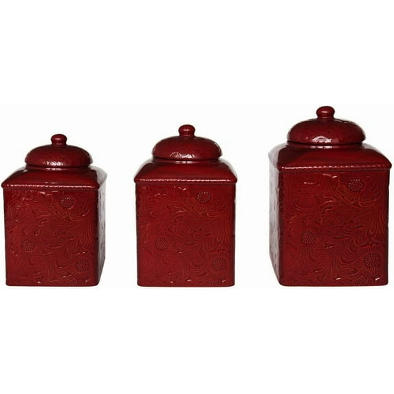HiEnd Accents Savannah 3 Piece Ceramic Dinnerware Square Canister Set, Red Tooled Leather Floral Pattern, Modern Rustic Western Style