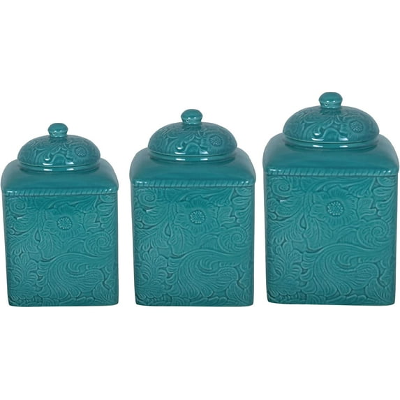 HiEnd Accents Savannah 3 Piece Ceramic Dinnerware Square Canister Set, Turquoise Tooled Leather Floral Pattern, Modern Rustic Western Style