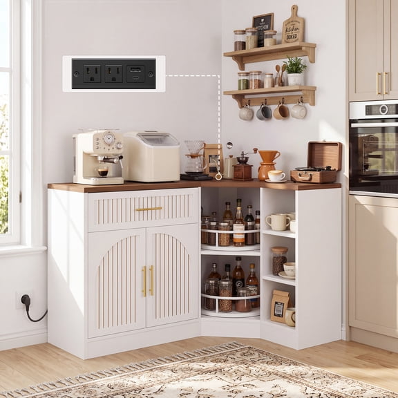 HiJob 47.3" Wide Corner Coffee Bar Cabinet with Charging Station and 2-Tier Lazy Susan, L-Shaped Kitchen Fluted Buffet Sideboard with Drawer and Microwave Shelf, White