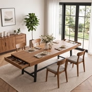 HiJob 71" Farmhouse Rectangular Dining Table with 2 Storage Drawers for 6-8 People, Modern Kitchen Table with 3.94" Thick Tabletop, Walnut