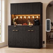 HiJob 71" Tall Fluted Pantry Cabinet with 47.2" Wide Microwave Shelf and LED Lights, Farmhouse Kitchen Buffet Hutch with Charging Station, 2 Drawers and Adjusta
