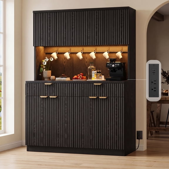 HiJob 71" Tall Fluted Pantry Cabinet with 47.2" Wide Microwave Shelf and LED Lights, Farmhouse Kitchen Buffet Hutch with Charging Station, 2 Drawers and Adjustable Shelves, Black