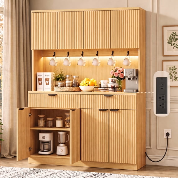 Hijob 71" Tall Fluted Pantry Cabinet Storage with 47.2" Wide Coffee Bar, Kitchen Buffet Hutch with LED Light and Charging Station, Microwave Shelf, Drawers, Natural