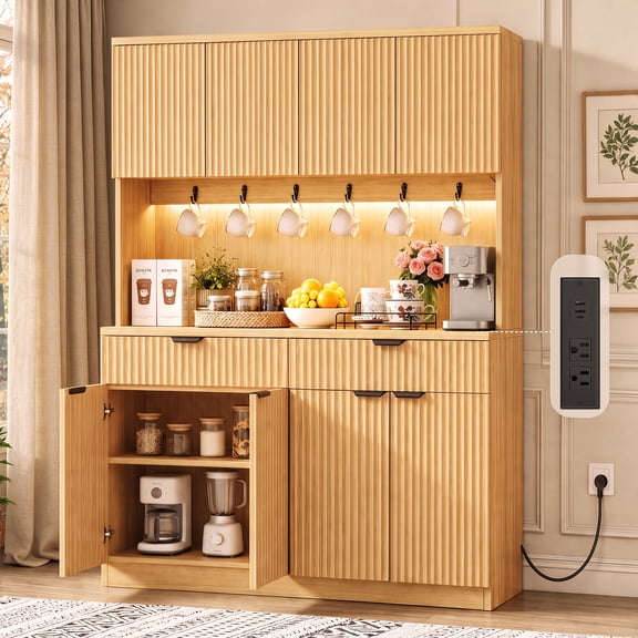 Hijob 71" Tall Fluted Pantry Cabinet Storage with 47.2" Wide Coffee Bar, Kitchen Buffet Hutch with LED Light and Charging Station, Microwave Shelf, Drawers, Natural
