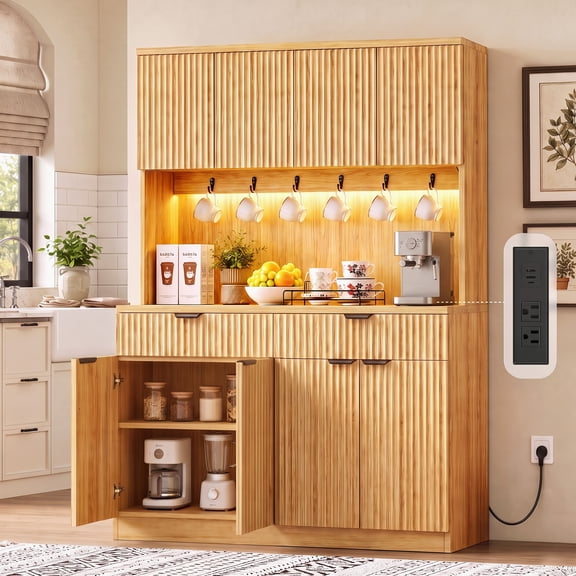 Hijob 71" Tall Fluted Pantry Cabinet Storage with 47.2" Wide Coffee Bar, Kitchen Buffet Hutch with LED Light and Charging Station, Microwave Shelf, Drawers, Natural