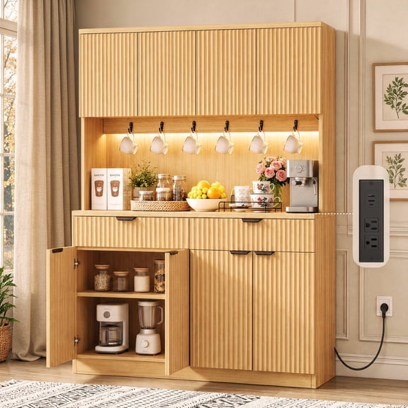 Hijob 71" Tall Fluted Pantry Cabinet Storage with 47.2" Wide Coffee Bar, Kitchen Buffet Hutch with LED Light and Charging Station, Microwave Shelf, Drawers, Natural