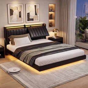 HiJob Queen Size Floating Bed Frame with Upholstered Storage Headboard and LED Lights, Metal Platform Bed with Angle Adjustable Tilt PU Leather Headboard and Charging Station,Black