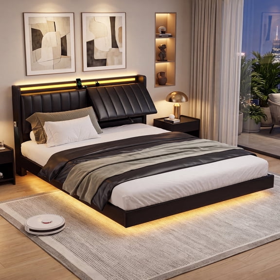 Hijob Queen Size Floating Bed Frame with Upholstered Storage Headboard and LED Lights, Metal Platform Bed with Angle Adjustable Tilt PU Leather Headboard and Charging Station,Black