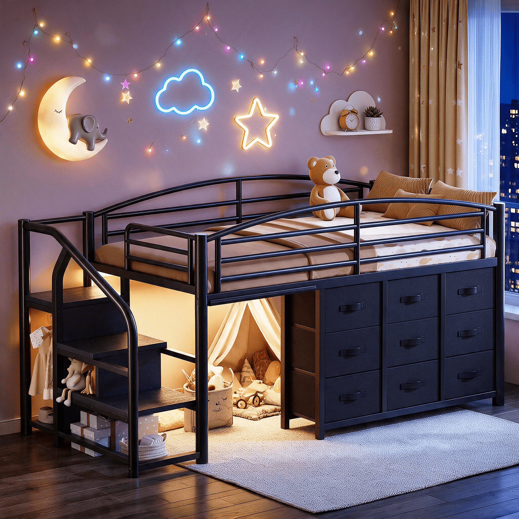 HiJob Low Loft Bed with 9 Storage Drawers, Corner Storage Stairs & LED ...