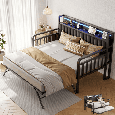 HiJob Metal Twin‑to‑King Daybed with Pop‑Up Trundle, Upholstered Headboard, Charging Station, LED Lights, Sofa Bed for Living Room, Bedroom, Guest Room, Black