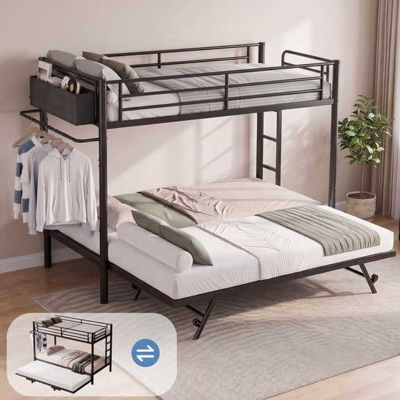HiJob Triple Bunk Bed Twin over Twin with Trundle, Heavy Duty Metal Bunk Bed Converts to King or 3 Twin Bed with Bedside Storage Bag, Hanging Rod for Teens, Black
