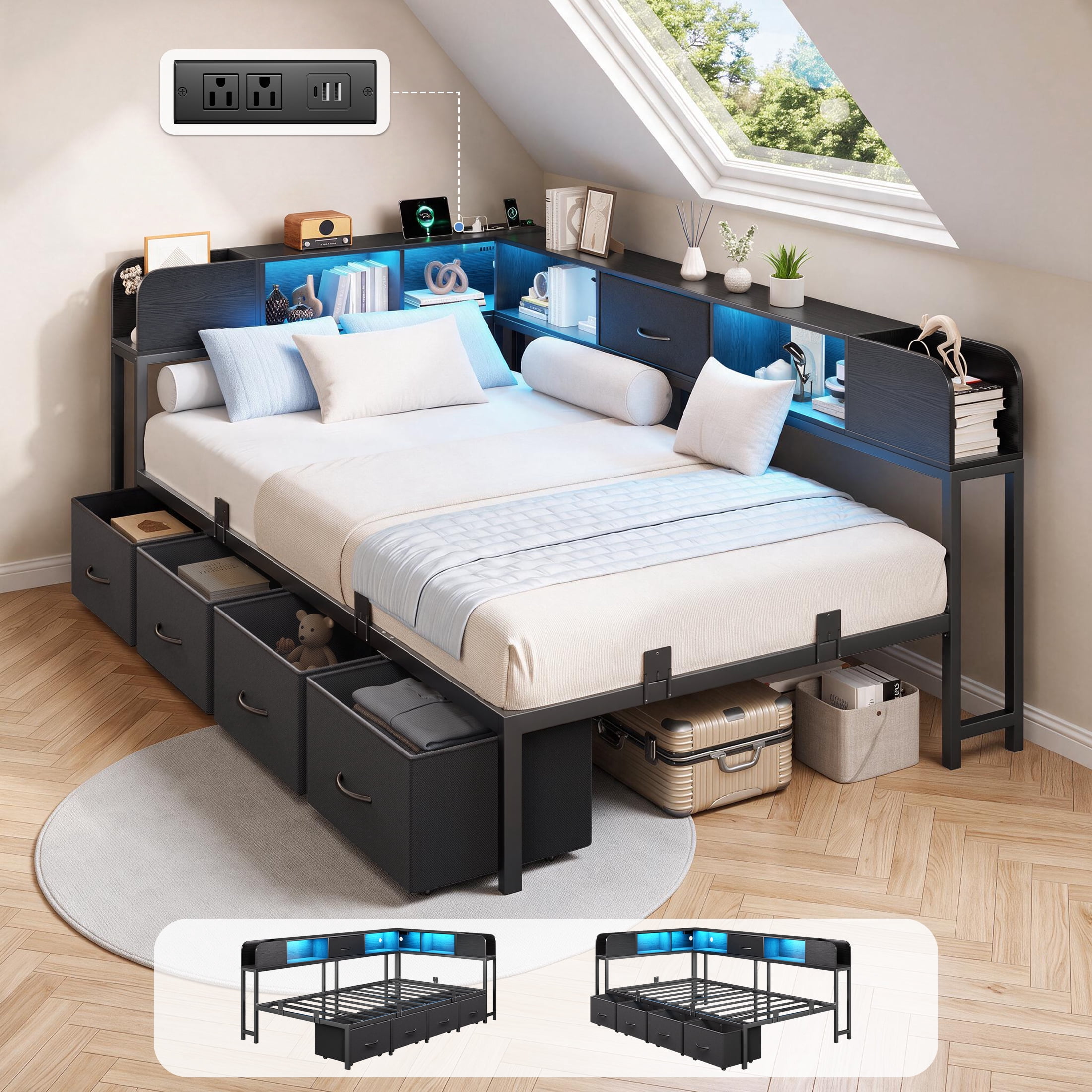 HiJob Twin Corner Bed Frame With 4 Larger Underbed Drawers Metal Platform Bed Frame With LED Light And Charging Station Black: Quick Guide for Smart Shoppers