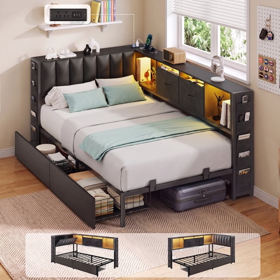 HiJob Twin Size L-Shaped Corner Bed Frame with Upholstered Storage Headboard and LED Lights, Metal Daybed with Charging Station and Drawers, Black