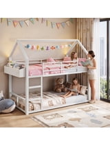 HiJob Twin Over Twin Low Metal House Bunk Bed with Bedside Storage and RGB LED Lights for Kids, White