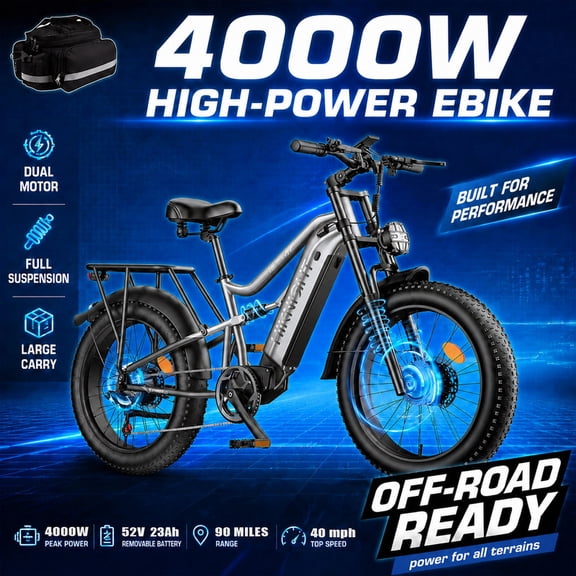 HiKNiGHT 4000W Dual Motor Electric Bike for Adults, 52V 20Ah Battery, 40 MPH & 90 Miles Range, 24" x 4.0" Fat Tire E-Bike, Dual Hydraulic Brakes, Full Suspension, H6 Pro (Gray) with Bag