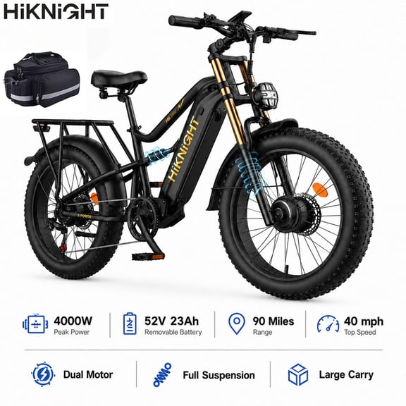 HiKNiGHT 4000W Dual Motor Electric Bike for Adults, 52V 20Ah Battery, 40 MPH & 90 Miles Range, 24" x 4.0" Fat Tire E-Bike, Dual Hydraulic Brakes, Full Suspension, H6 Pro (Black Gold) with Bag