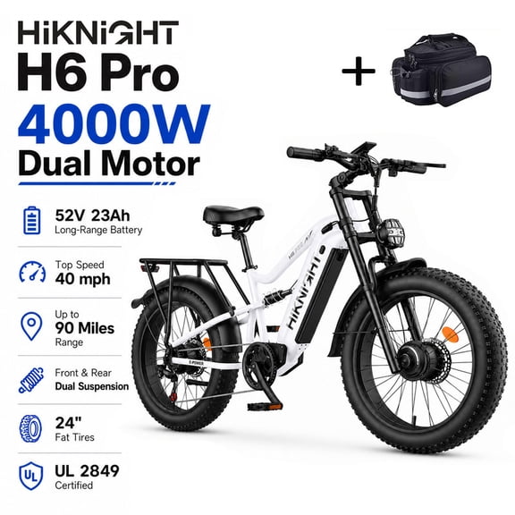 HiKNiGHT 4000W Electric Bike for Adults, 40 mph, 90 Miles Range, 52V 23Ah Battery, 24" x 4.0" Fat Tire E-Bike, Hydraulic Brakes, Full Suspension, H6 Pro (White) with Bag